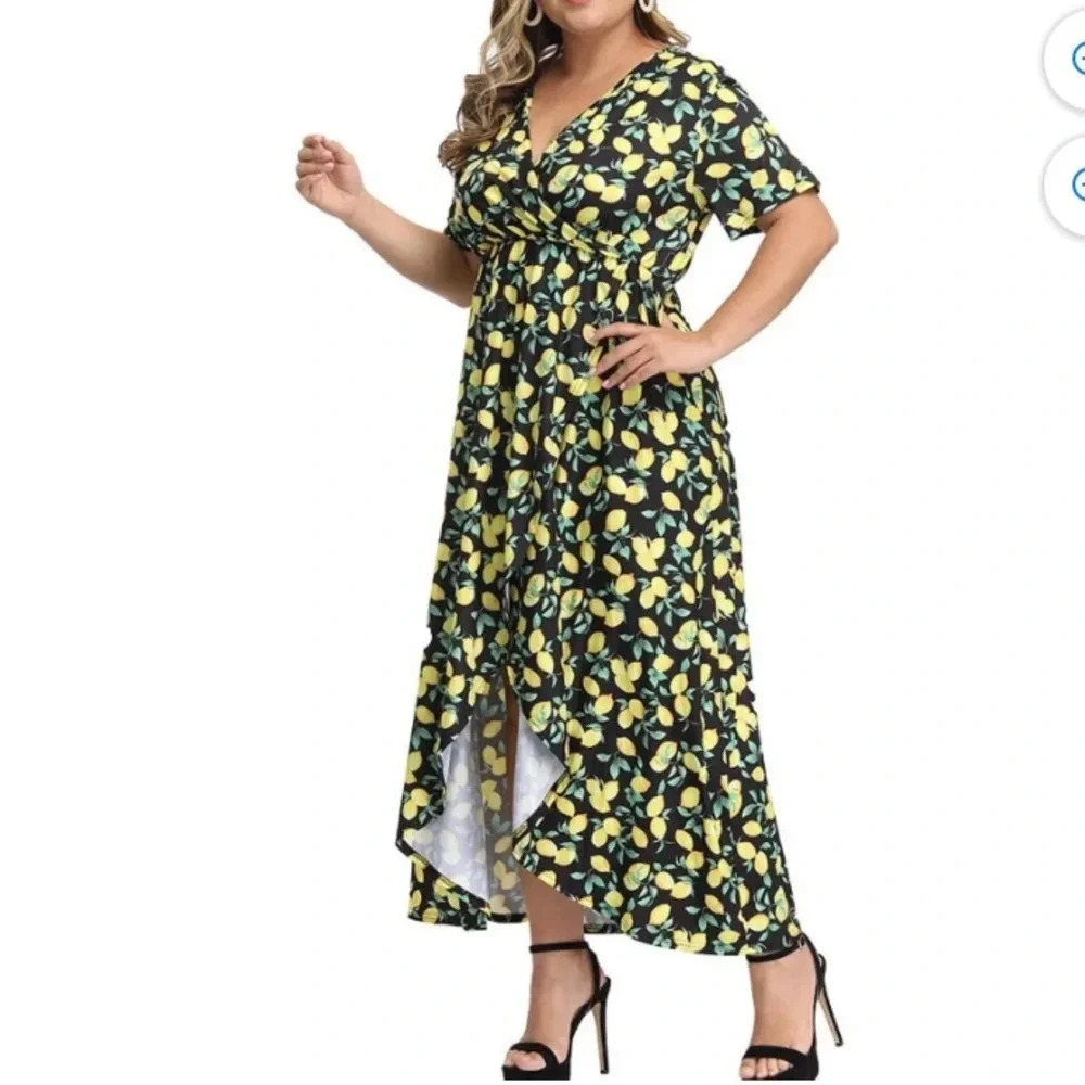 Faux Wrap High Low Lemon Dress - Picture 3 of 9